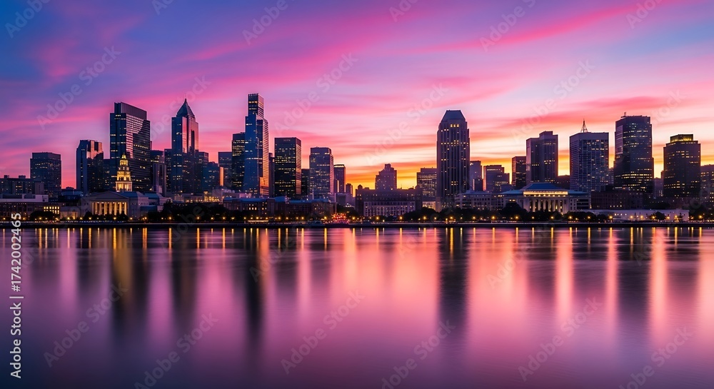 Obraz premium Vibrant Pink and Purple Sunset Over a Modern City Skyline Reflected in Water