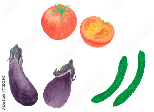 トマト・ナス・きゅうり　夏野菜の水彩手描きイラスト素材セット