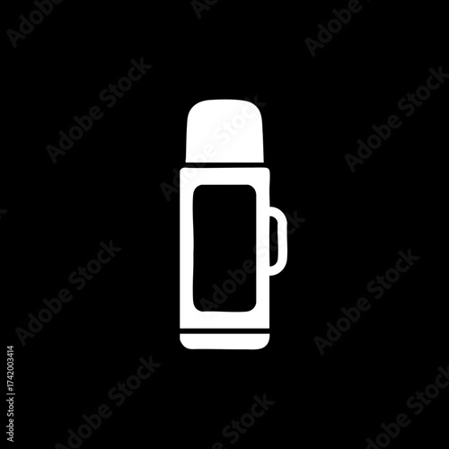 White Silhouette of a Classic Thermos Bottle with Handle on Black Background.