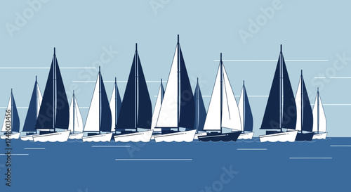 A fleet of sailboats with white and dark blue sails racing on a calm blue sea under a clear sky.