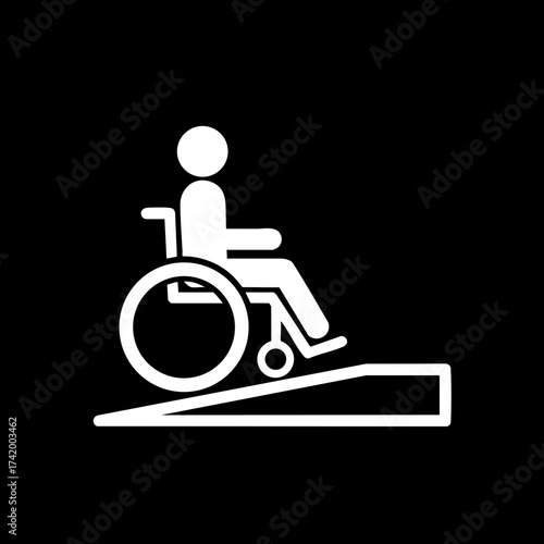 Wheelchair user on ramp symbol for disabled accessibility.