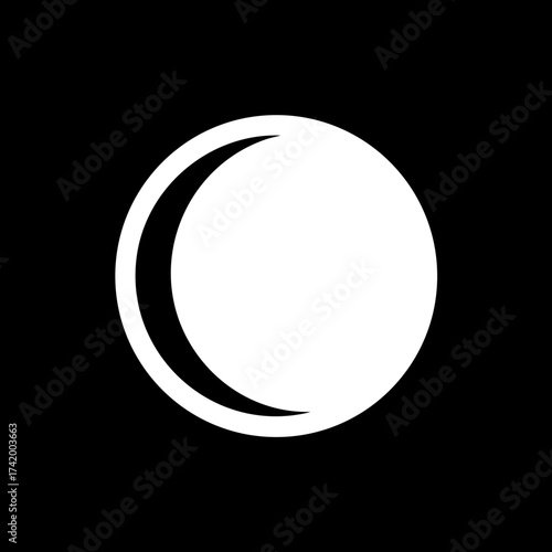 White Crescent Moon Icon on Black Background Minimalist Graphic Design.