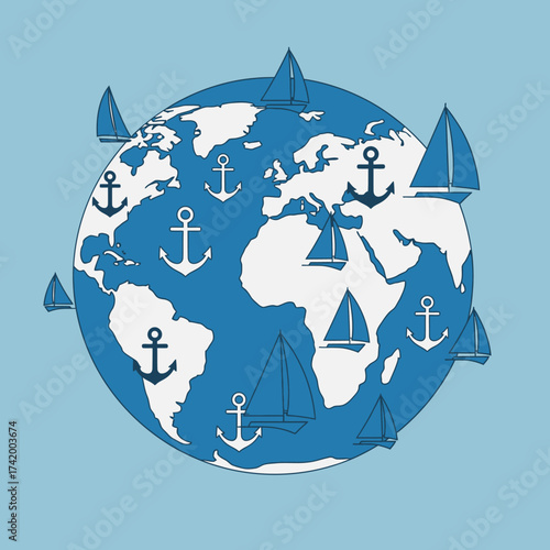A stylized illustration of the Earth with sailboats and anchors scattered across its surface, symbolizing global maritime travel and exploration.