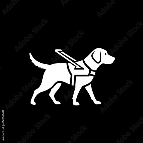 White Silhouette Guide Dog Icon with Harness for Assistance and Service.