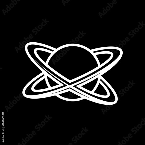 Abstract white planet with multiple intersecting orbital rings.