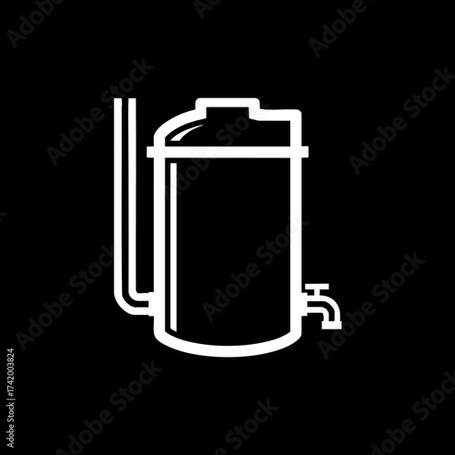 Industrial storage tank with pipes and tap line icon.