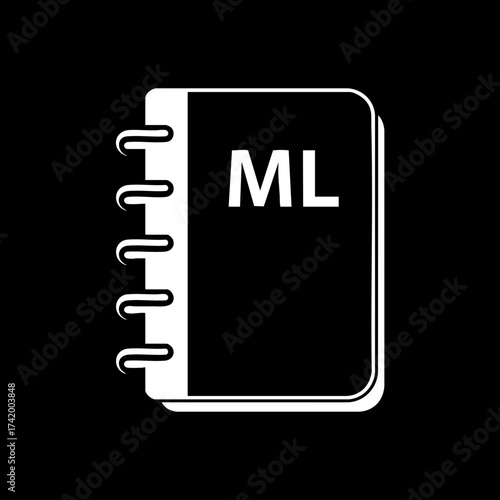 White spiral notebook with ML letters on cover simple icon design.