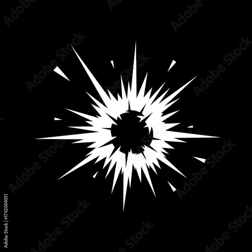 Dynamic White Explosion Burst Graphic Element on Black Background Comic Style Impact Effect.