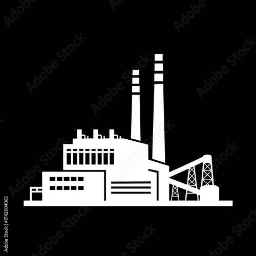 Industrial factory building silhouette icon with smokestacks and conveyor system.