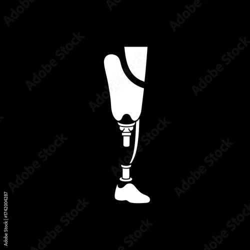 Prosthetic leg silhouette medical device on black background.