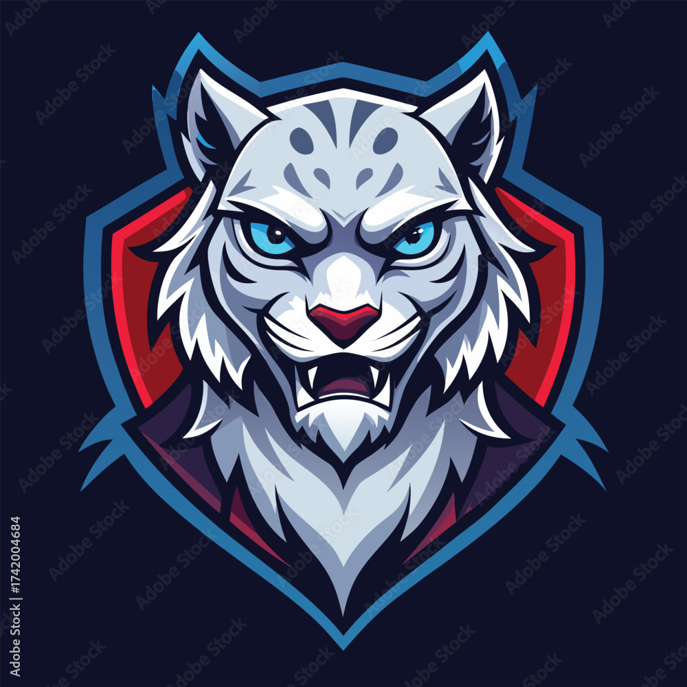 Obraz premium Fierce White Snow Leopard Head Mascot Logo Design Featuring Glowing Blue Eyes, Sharp Fangs, and Snarling Expression for Competitive Esports Team Emblem on Dark Shield Background 