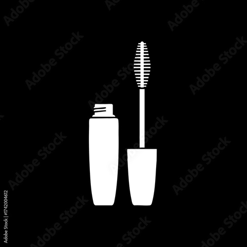 White silhouette icon of mascara tube and brush applicator for eye makeup.