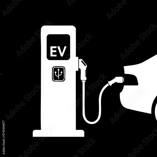 Electric Vehicle Charging Station with Car Silhouette Illustration.