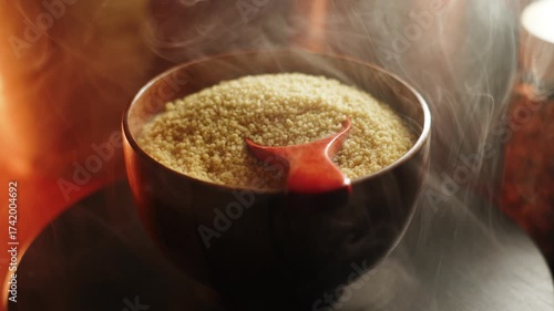 Adding flavor to uncooked couscous in a cozy kitchen setting with steam rising