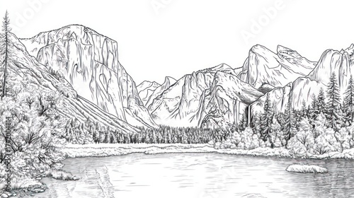 Yosemite Valley Line Drawing - Majestic Mountain Landscape
