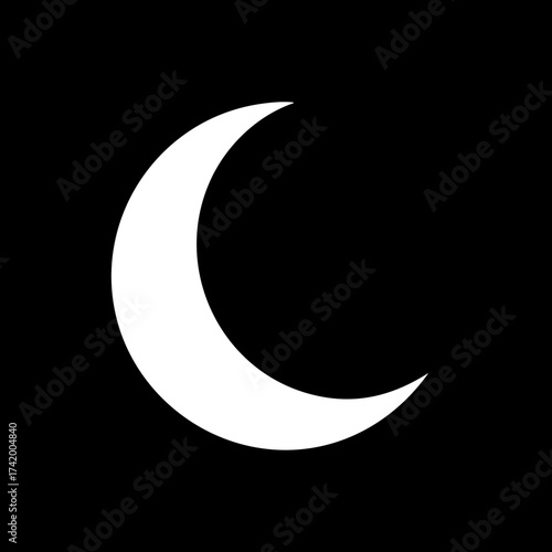 Simple white crescent moon on black background minimalist graphic illustration.