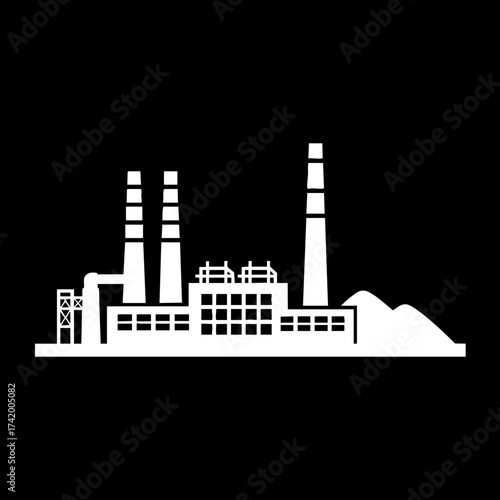 Industrial factory building with smokestacks and material pile silhouette.