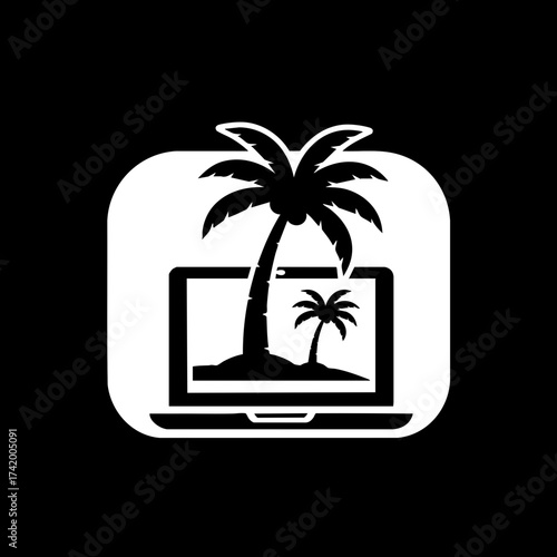 Laptop displaying tropical island with palm trees icon.