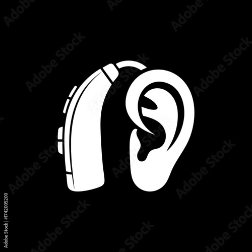 Hearing aid device on human ear for improved hearing and auditory assistance.