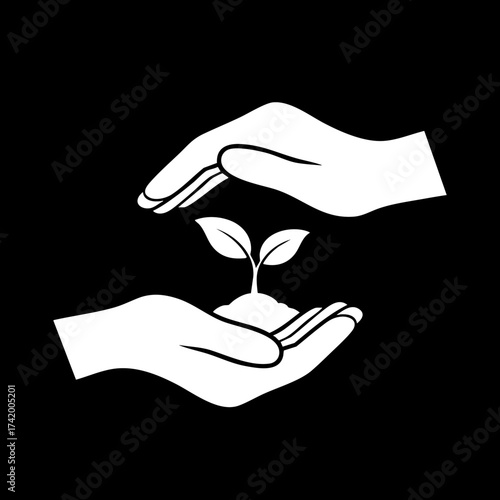 Hands protecting a young plant sprout with soil symbolizing growth and care.