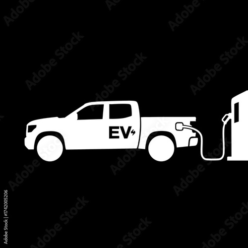 Electric pickup truck charging at a station symbolizing sustainable transportation and clean energy future.