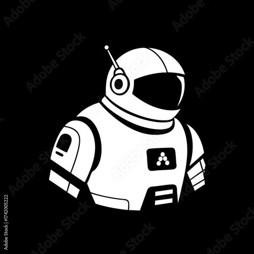 Minimalist astronaut helmet and upper body illustration in white on black.