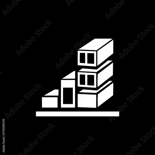 Abstract geometric building blocks forming a stepped architectural structure.