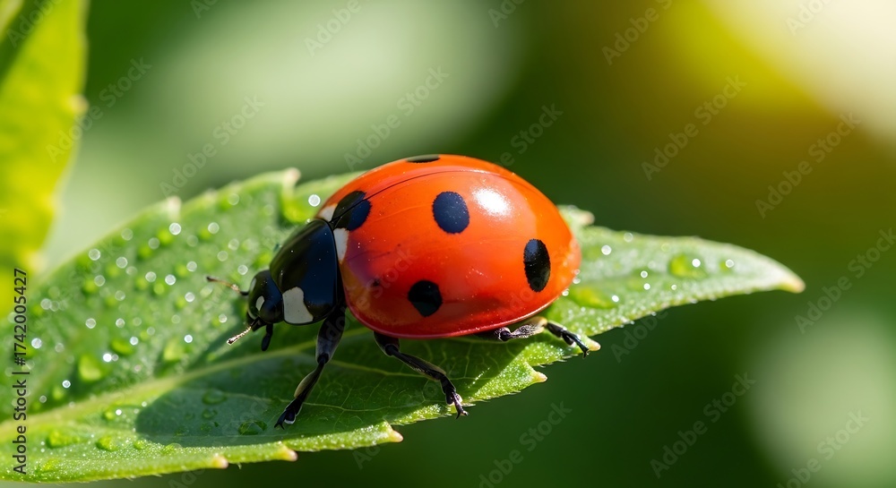 Obraz premium Vibrant Red Ladybug with Black Spots on a Dewy Green Leaf.