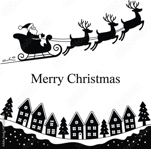 Santa claus and reindeer sleigh flying over winter village silhouette on transparent background