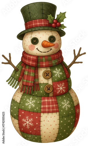 Patchwork Christmas Snowman Clipart | Handmade Fabric Winter Decoration | Transparent PNG
