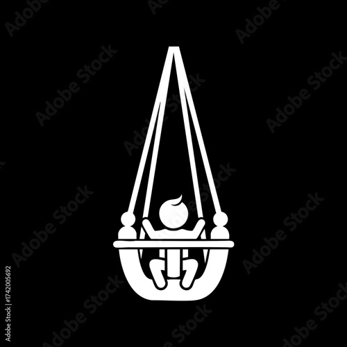 Baby in a swing icon illustration simple white silhouette on black background.