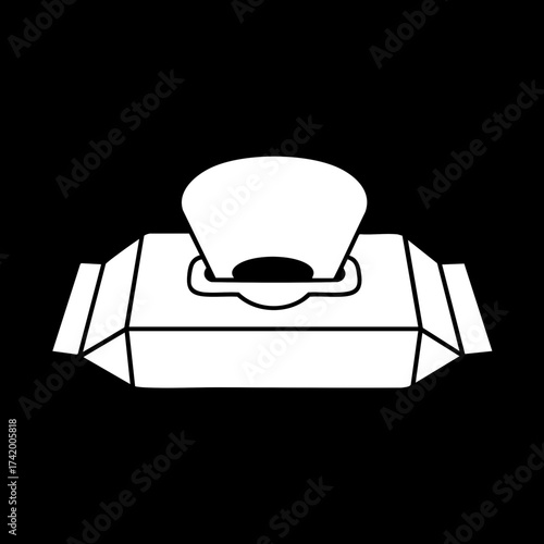 White wet wipes package with open lid on black background.