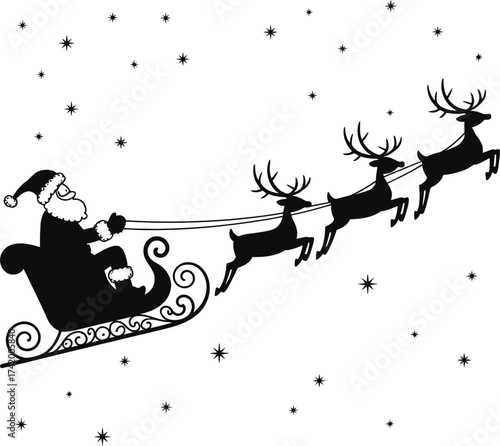 Santa claus and reindeer flying in a sleigh on transparent background silhouette