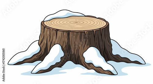 A tree stump covered with snow with rings visible on the top
