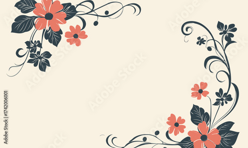 Vintage floral corner frame with ornamental black leaves and coral flowers decorative vector border for invitations and wedding design background