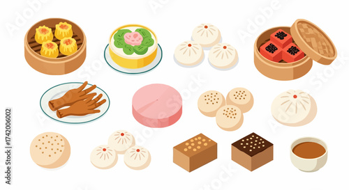 Assorted Chinese dim sum shu mai chicken feet steamed buns cake and other desserts
