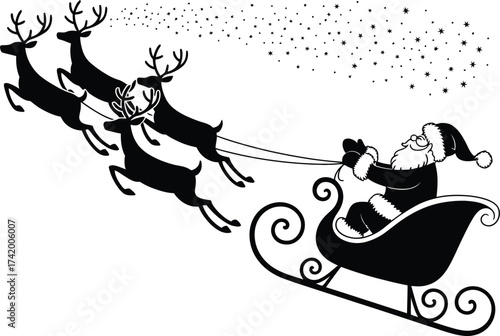 Festive santa claus and reindeer sleigh ride design on transparent background silhouette