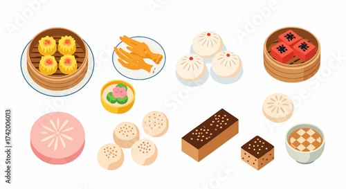 Assorted Chinese dim sum shu mai chicken feet steamed buns cake and other desserts