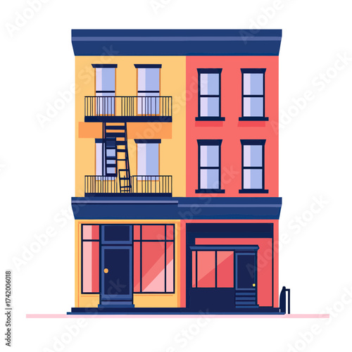 Colorful two-building city street facade with fire escape balconies and large storefront windows in flat minimalist vector style