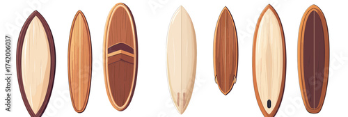 Set seven surfboards with various wooden textures and shapes isolated on white background flat minimalist style vector illustration for beach sports and summer leisure activities concept design