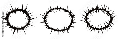 Set of three black crown of thorns vector illustrations with sharp spikes in flat minimalist style isolated on white background for religious symbolism and Christian iconography design