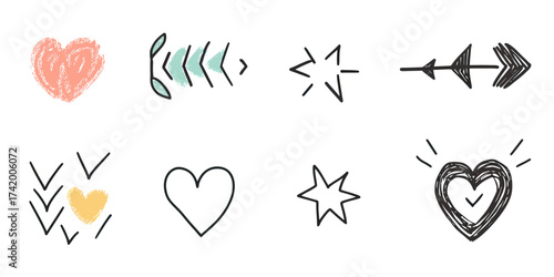 Hand drawn heart shapes, arrow and star doodle icons set with sketchy marker brush stroke style isolated on white background for decoration and design elements collection