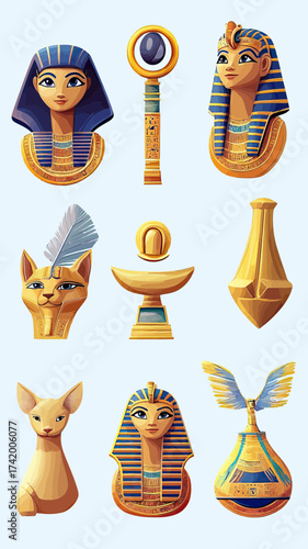 Set of ancient Egyptian cultural icons including pharaoh busts, cat statues, scepters, ankh symbols, and winged vessels in flat minimalist vector style