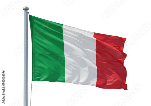Italian flag waving isolated on transparent background, national symbol of Italy in the wind