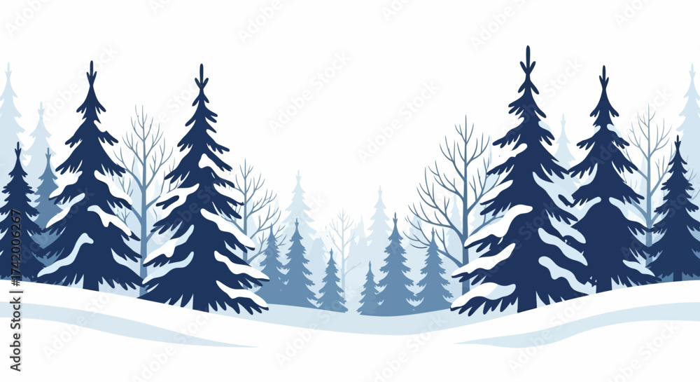 Obraz premium Winter forest scene with dark blue evergreens and lighter blue background trees against a white backdrop