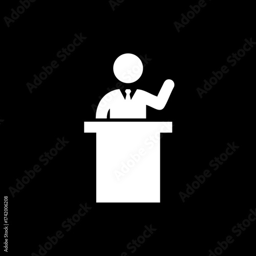 Man giving a presentation at a podium icon.