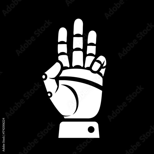 White robotic hand showing three fingers gesture icon representing future technology.