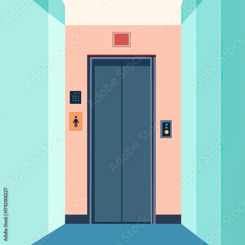 Minimalist flat vector illustration of closed elevator door with control panel and floor indicator in modern building hallway interior design concept