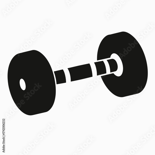 Black dumbbell icon with round weight plates and cylindrical handle in minimalist flat vector style isolated on white background fitness and strength training equipment illustration