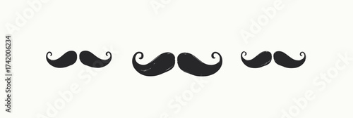 Three hand drawn black mustache icons with curled and thick styles set on white background minimalistic vector illustration for design elements